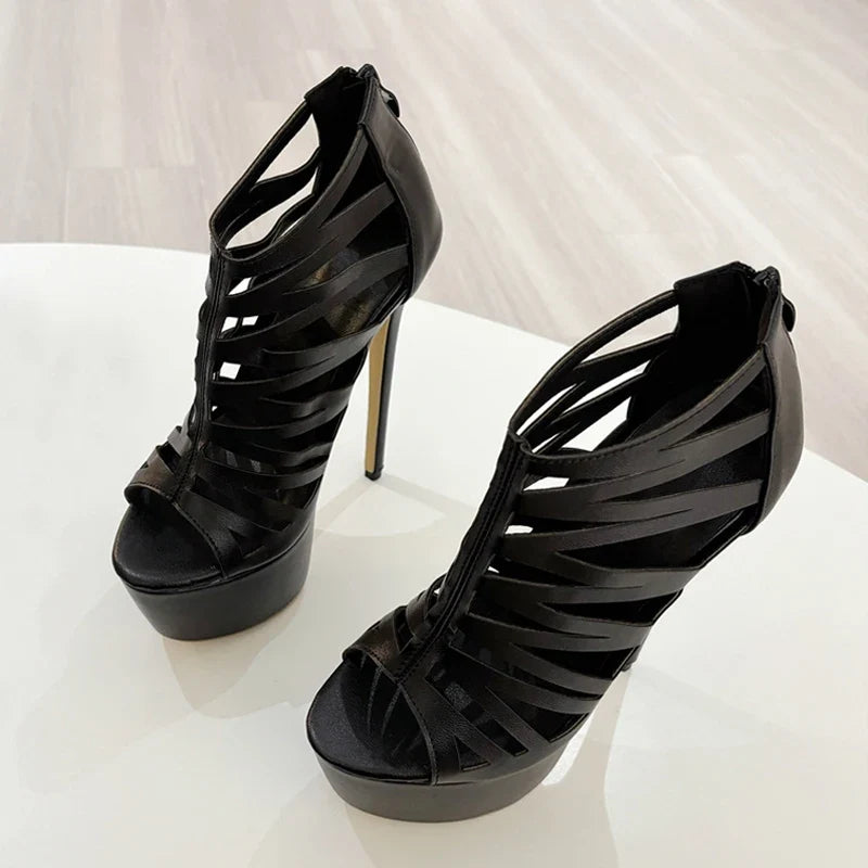 Ladies Hollow Out Leather Platform Pumps