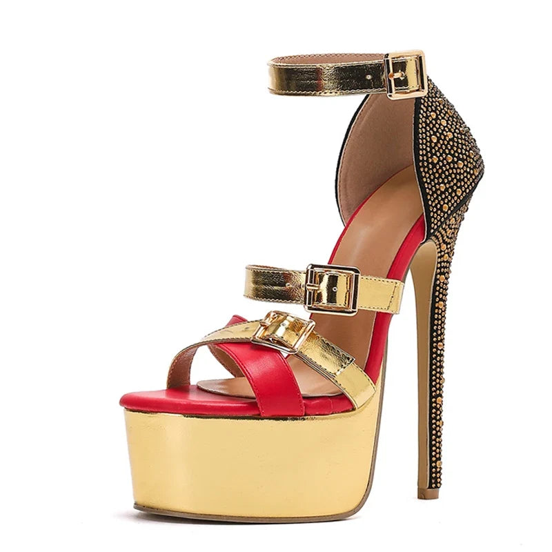 Runway Crystal Rhinestone High Heels Wedding Banquet Shoes Sexy Open Toe Buckle Strap Women Platform Sandals