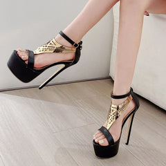 Sexy Black Metal Decoration Buckle Strap Sandals