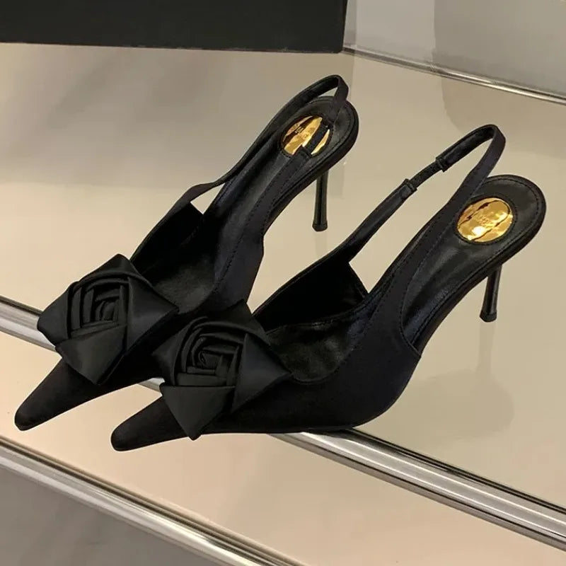 Elegant Satin Flower Decoration Slingback Heels