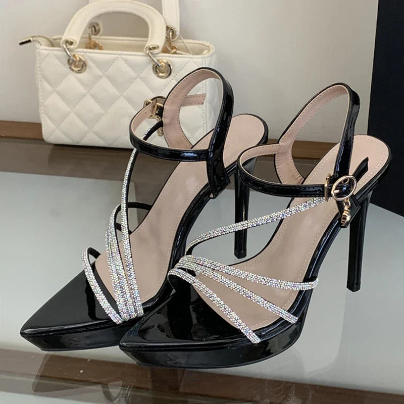 Designer Rhinestone Narrow Band Pointed Open Toe Black High Heels Platform Sandals