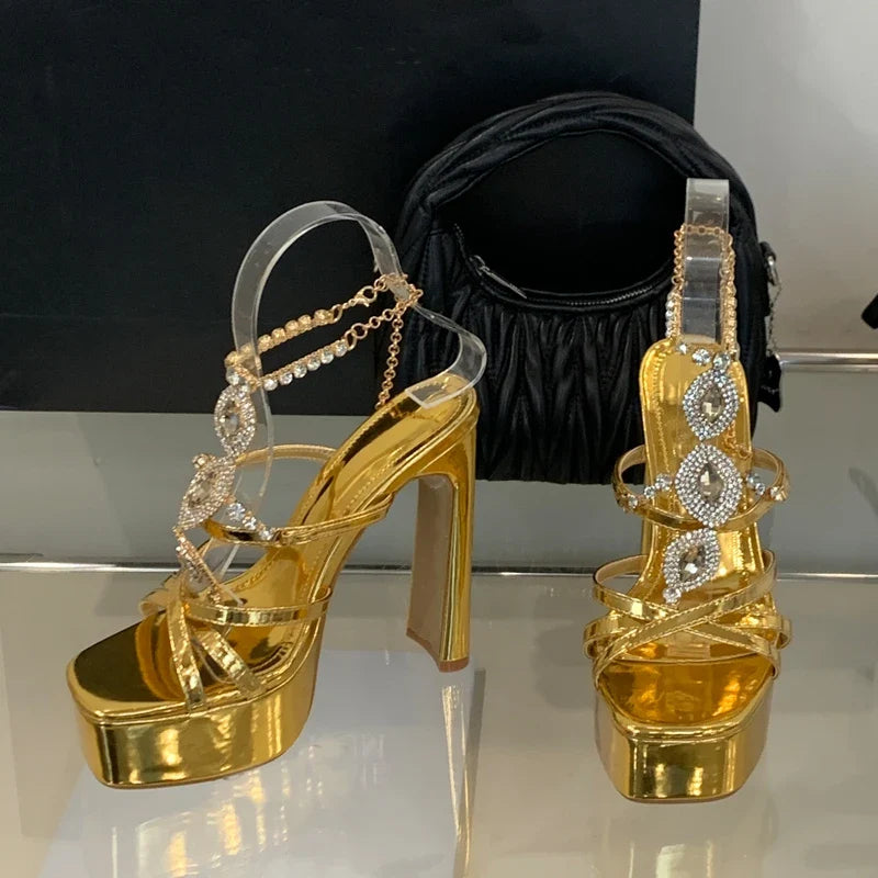 Sexy Crystal Metal Chain Buckle Strap Woman Sandals
