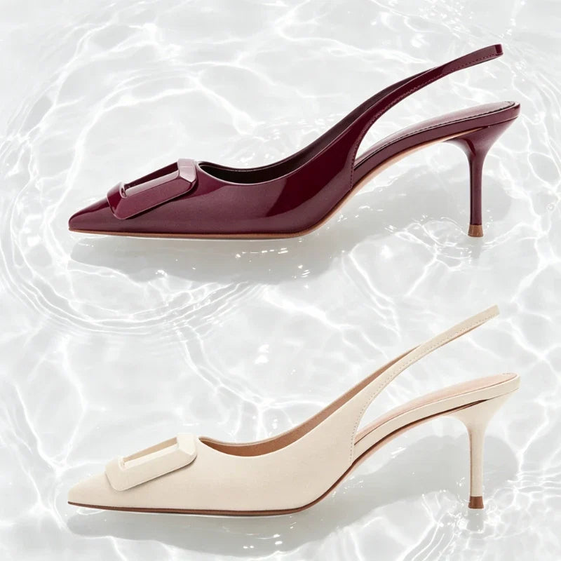 Elegant Square Buckle Detail Slingback Heels