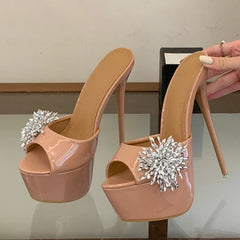 Summer 16CM Women Super High Heels Slipper Sexy Peep Toe Party Stripper Shoes Black Apricot Patent Leather Platform Sandal
