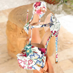 Designer Print Flower Leather Platform High Heels Sandals