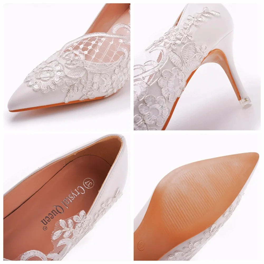 pointed toe shallow lace mesh low-heeled wedding shoes