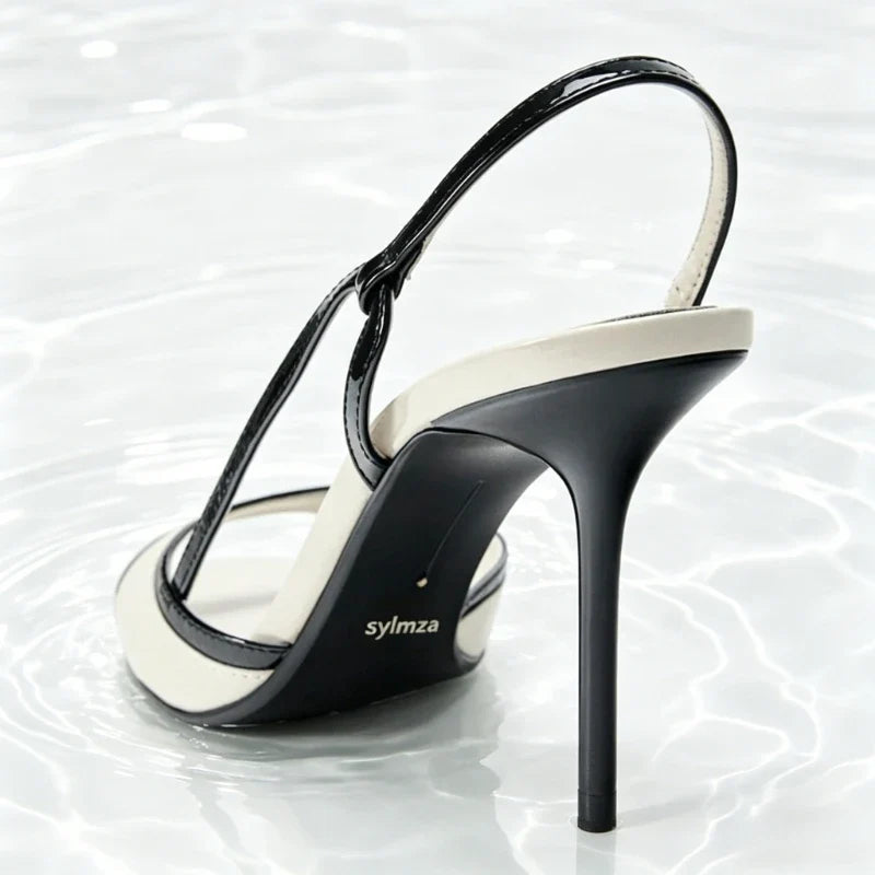 Black White Colorblock Slingback Heeled Sandals