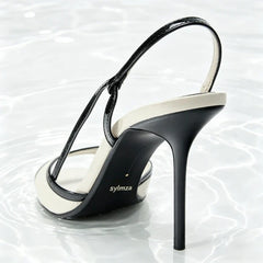 Black White Colorblock Slingback Heeled Sandals