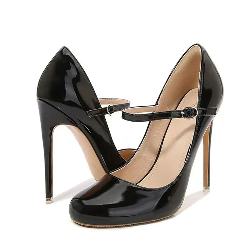 Patent Leather Round Toe Buckle Strap Office High Heels