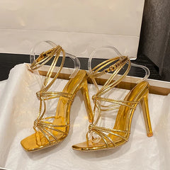 Rhinestone Buckle Narrow Band Sandals