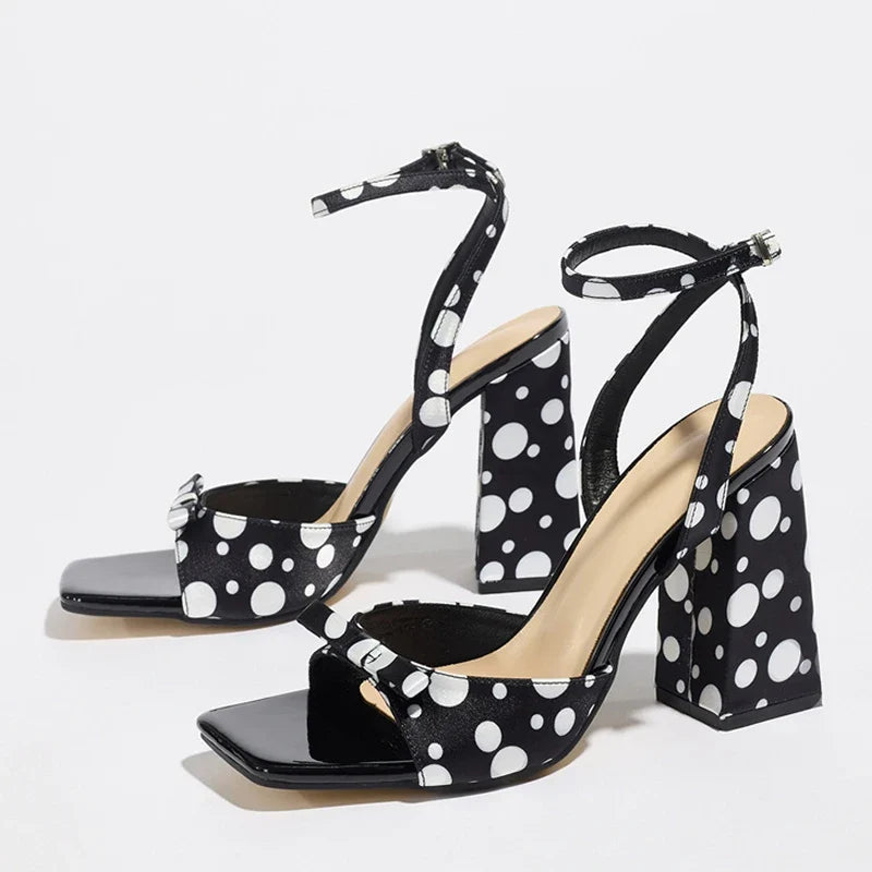 Summer Polka Dot Silk Thick High Heels Gladiator Sandals