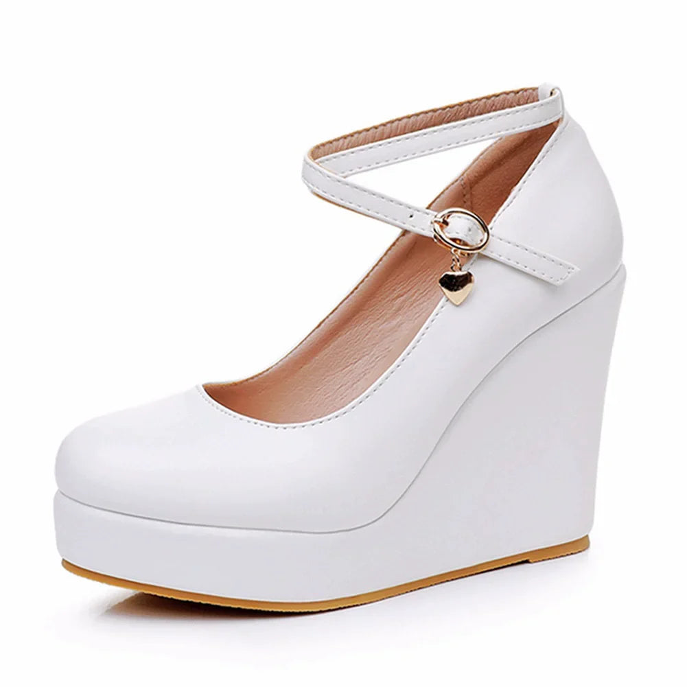 Wedge heel shoes spring white PU round toe cross-band wedding shoes