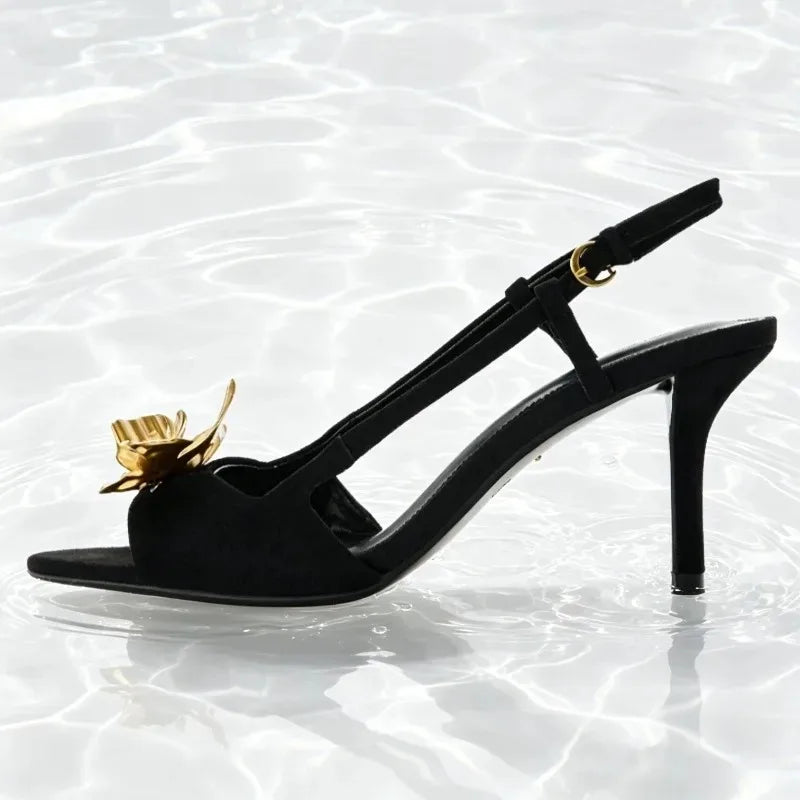 Novelty Metallic Flower Embellished Heeled Sandals