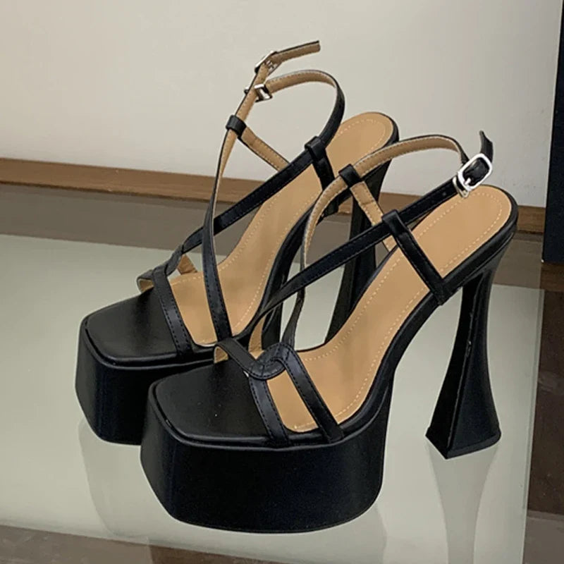 Black White Narrow Band Back Buckle Strap Women Platform Sandals