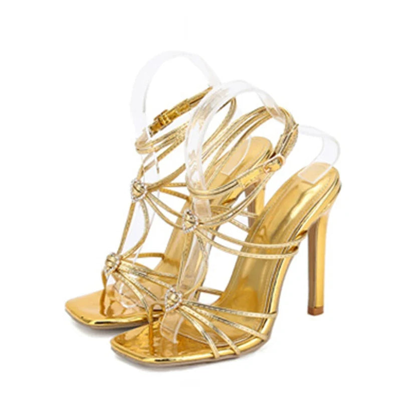 Rhinestone Buckle Narrow Band Sandals