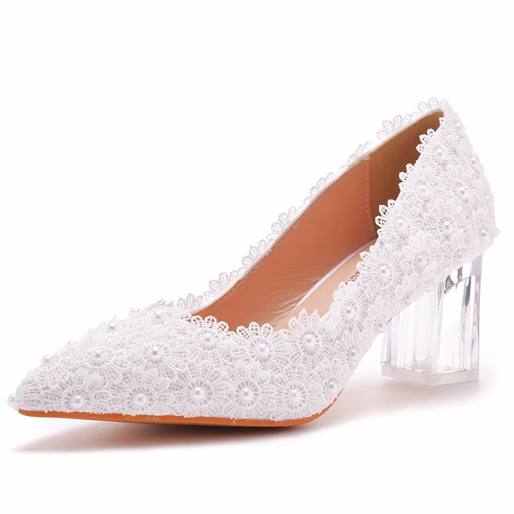 Spring pointed pearl lace flower transparent thick heel