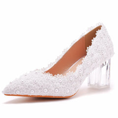 Spring pointed pearl lace flower transparent thick heel