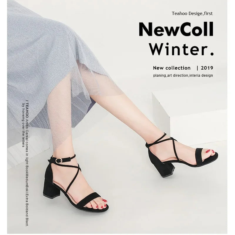 5cm Low Heels Velvet Stripe Ankle Strap Sandal