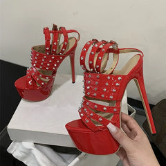 Design Metal Rivet Ankle Strap Platform Sandal Women Sexy Peep Toe 17CM Red High Heels Party Strip Pole Dance Shoe