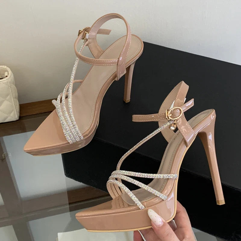 Designer Rhinestone Narrow Band Pointed Open Toe Black High Heels Platform Sandals