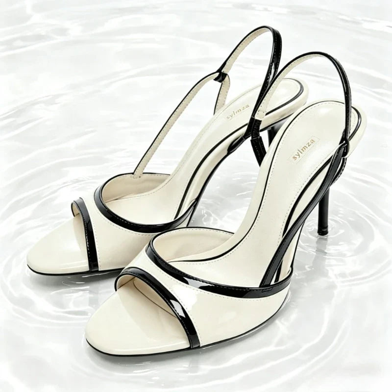 Black White Colorblock Slingback Heeled Sandals