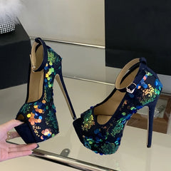 Sexy Peep Toe 17CM Extreme High Heels Party Club Stripper Shoes Mixed Colors Sequined Platform Pumps