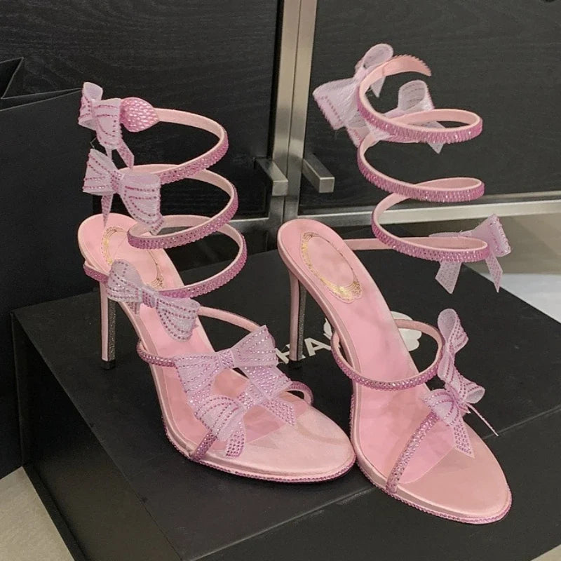 Shiny Rhinestone Bow Decorated Heeled Sandals