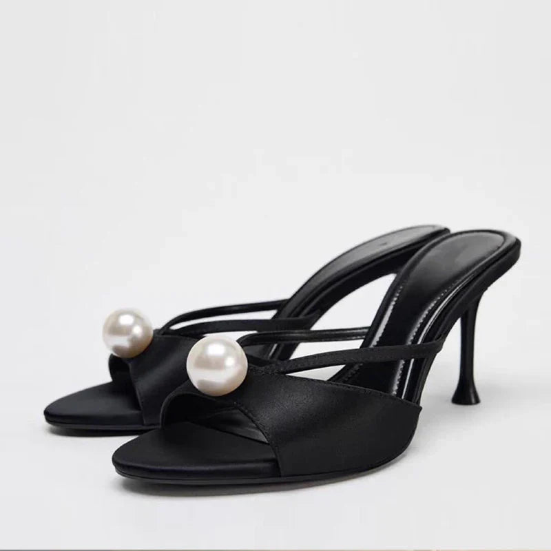 Women Design White Pearl Peep Toe Thin High Heels Modern Slippers Sandals