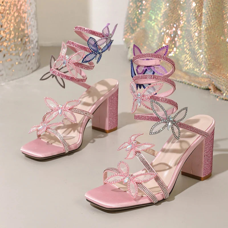 Crystal Butterfly Ankle Snake Twine Around Strap Sandals