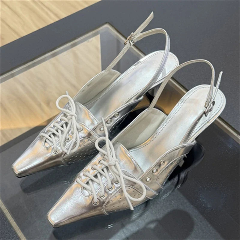 Designer Pointed Toe Thin Low Heels Buckle Strap Women Pumps