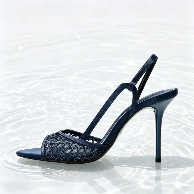 Summer Navy Blue Mesh Satin Heeled Sandals