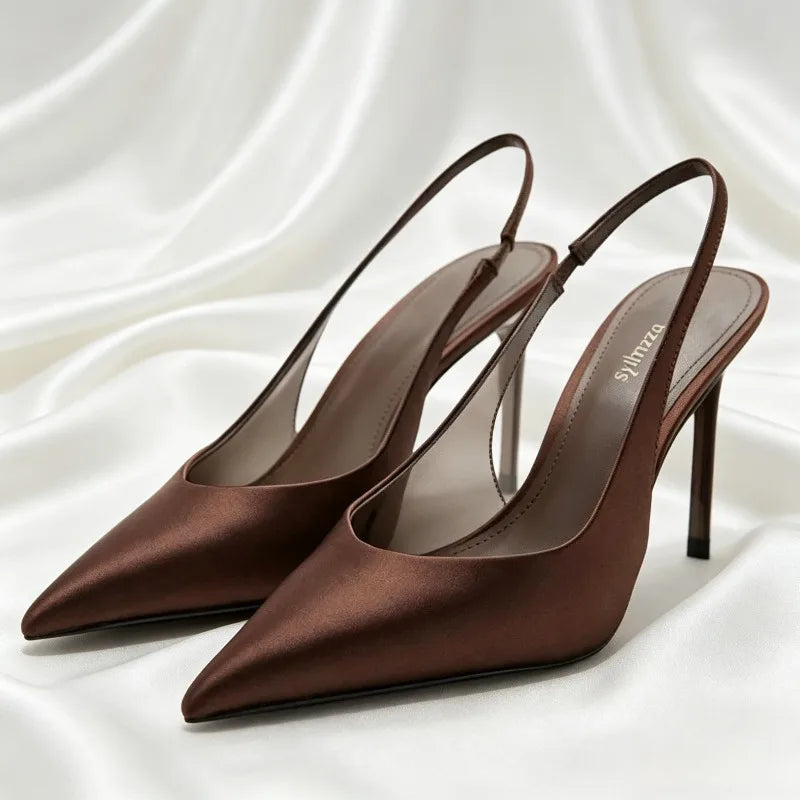 Vintage Brown Satin Slingback Heels