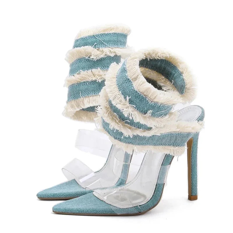 Design Denim Ankle Snake Surround Strap Sandal Women Transparent PVC Summer High Heels Party Stripper Shoes Pumps