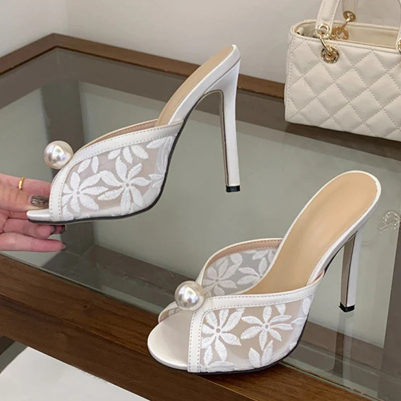 Handmade Embroidery Flower Mesh Women's Thin Heeled Slippers White Pearl Designer Slides Sandals