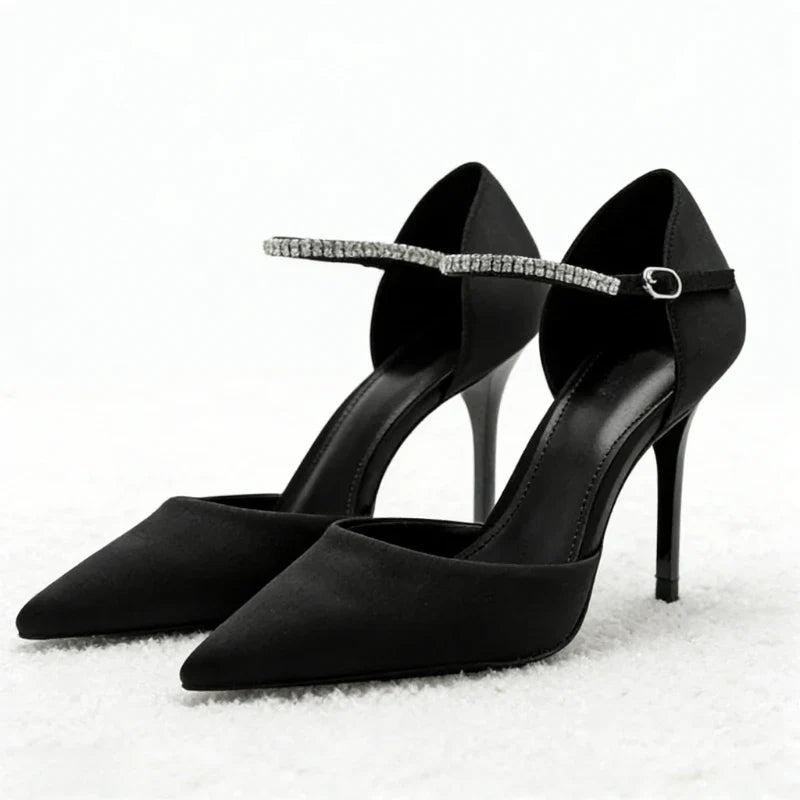 Black Pointed-Toe Satin High Heels