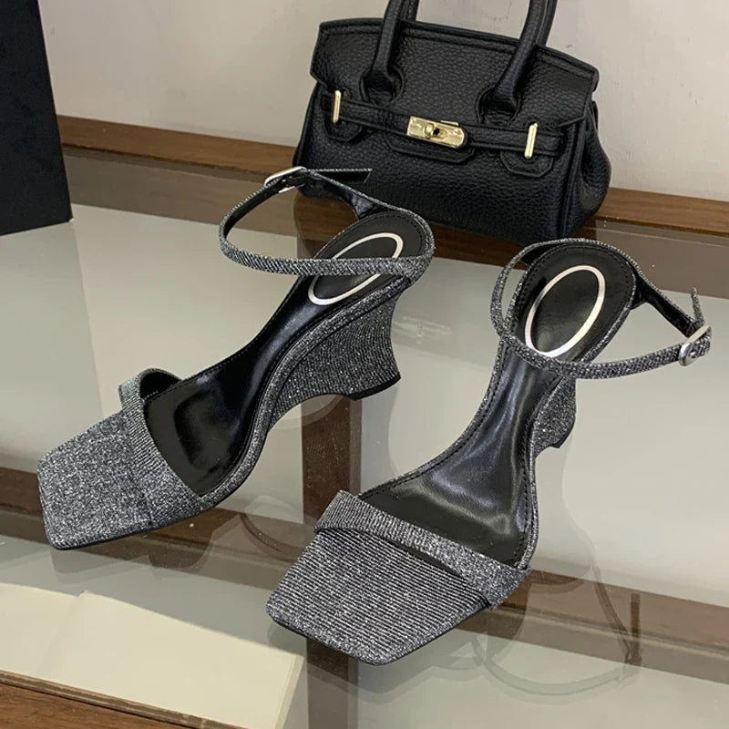 Strange Style Wedges Heels For Woman Blue Denim High Heeled Slippers Sandal Female Designer Slides Shoes Zapatos Mujer