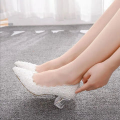 Spring pointed pearl lace flower transparent thick heel