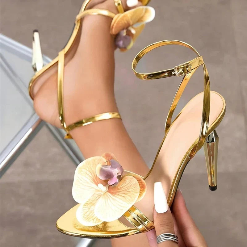 Strange Style Metal High Heels For Ladies Orchid Flowers Narrow Band Open Toe Ankle Strap Sandals