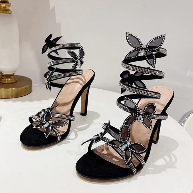 Crystal Butterfly Open Toen Thin High Heels Rhinestone Snake Coiled Ankle Strap Sandals