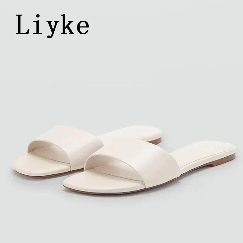 Designer Slides Female Concise Comfortable Leather Square Toe Flat Slippers