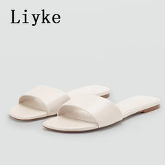 Designer Slides Female Concise Comfortable Leather Square Toe Flat Slippers