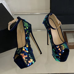 Sexy Peep Toe 17CM Extreme High Heels Party Club Stripper Shoes Mixed Colors Sequined Platform Pumps