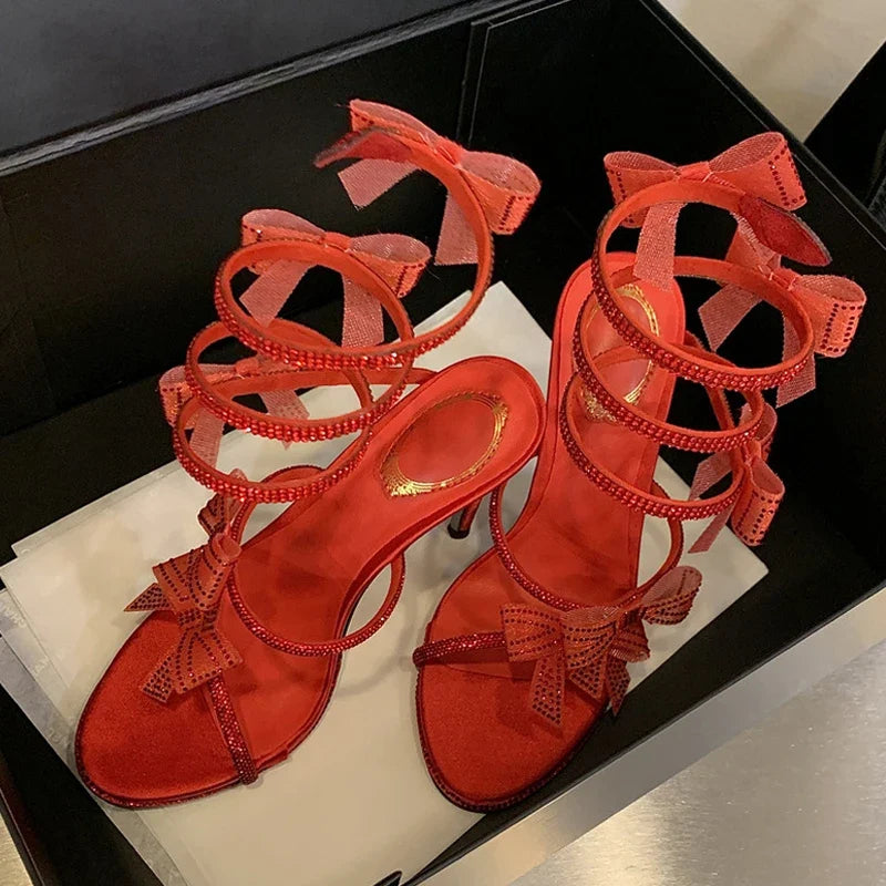 Rhinestones Mesh Bowknot Snake Coiled Women Gladiator Sandals