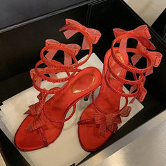 Rhinestones Mesh Bowknot Snake Coiled Women Gladiator Sandals