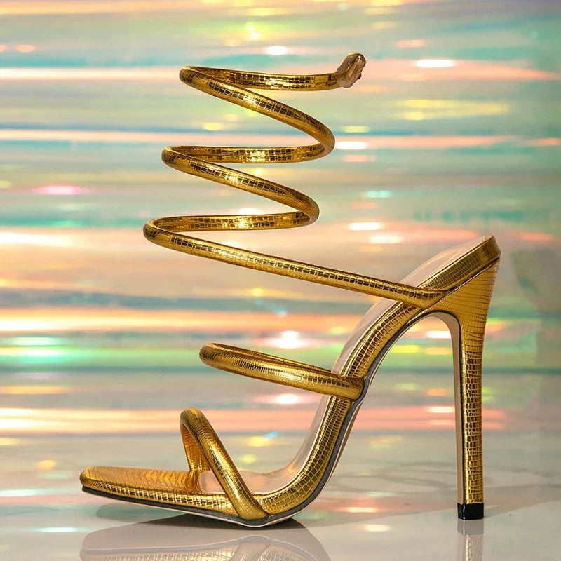 Summer Snake Twine Around Ankle Strap Gold Sandals