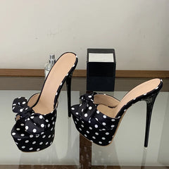 Cute Style Polka Dot Silk Bowknot Peep Toe 16CM Super High Heels Slippers