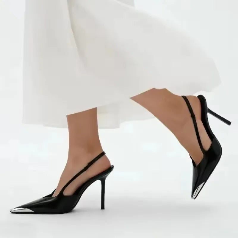 Design Metal Pointed Toe Black High Heels Sexy Slingback Sandals