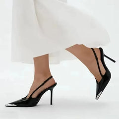 Design Metal Pointed Toe Black High Heels Sexy Slingback Sandals