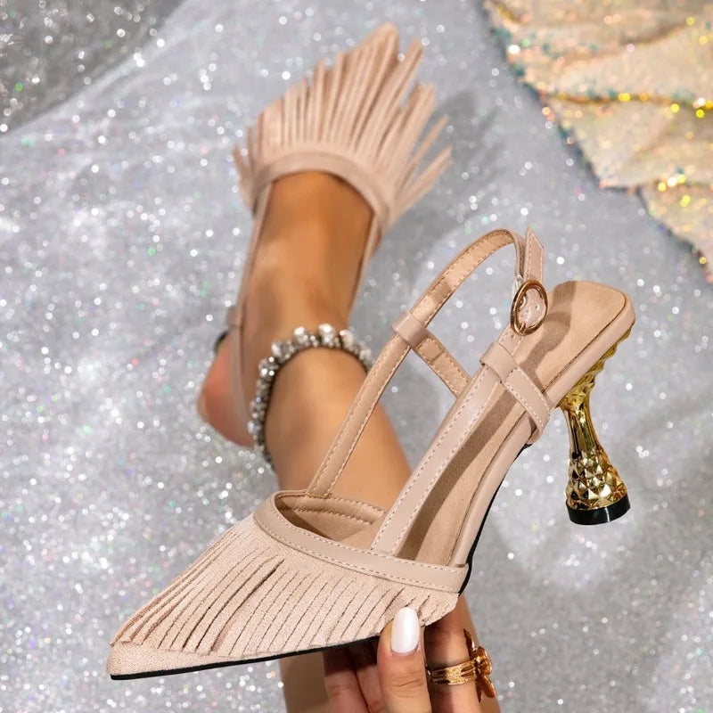 Khaki Tassel Decorated High Heels