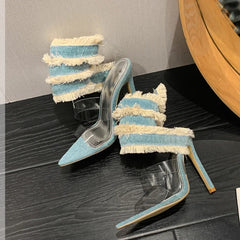 Design Denim Ankle Snake Surround Strap Sandal Women Transparent PVC Summer High Heels Party Stripper Shoes Pumps
